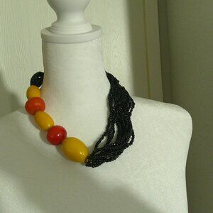 Tribal African Orange, Yellow and Black Beaded Statement Necklace